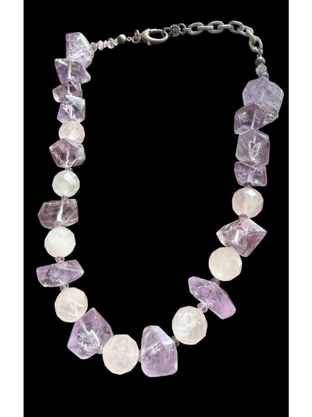 925 Amethyst Rose Quartz Faceted Nugget Sterling Silver Clasp Statement Necklace